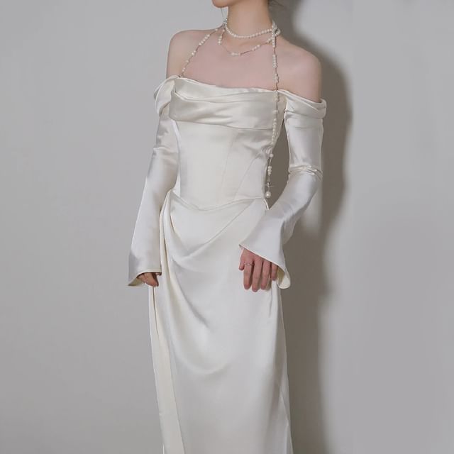 Gown Satin Off Wedding Plain Ruched A-Line Shoulder