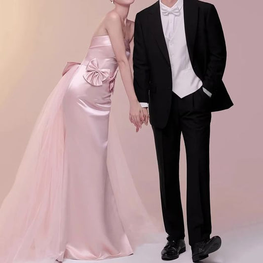 Gown Panel Bow Plain Tube Evening Trumpet Mesh