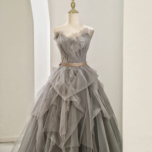 Panel A-Line Lace Mesh Ruched Evening Tube Gown