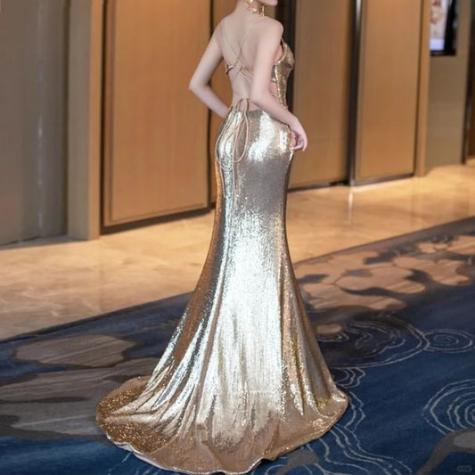 Plain Evening Spaghetti Metallic Sequin Ruched Trumpet Gown Strap