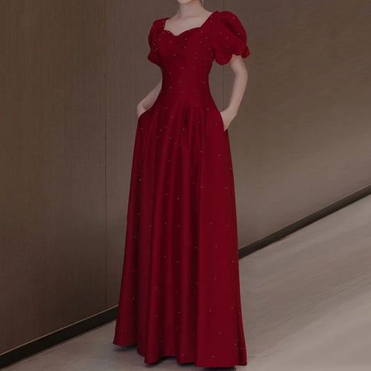 Sleeve Evening Puff Square Gown Plain Neck A-Line