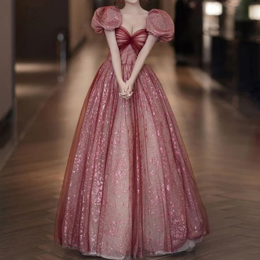 Patterned Mesh Gown Evening Sweetheart Neck Puff A-Line Ruched Sleeve