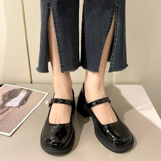 Jane Mary Heel Shoes Faux Patent Pearl Block
