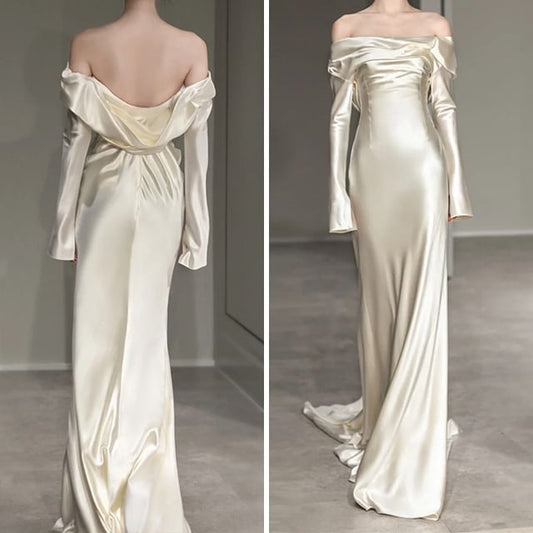 Shoulder Off Long-Sleeve Plain Sheath Gown Wedding