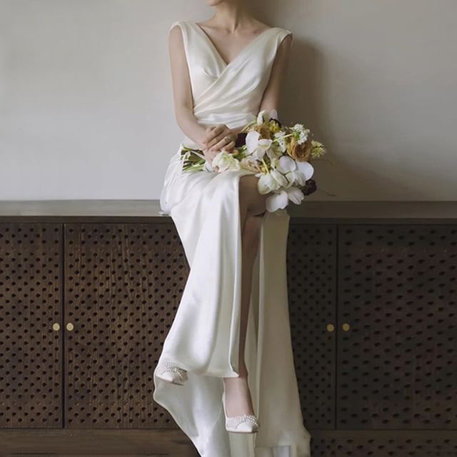 Plain Gown Ruched Wedding Sleeveless