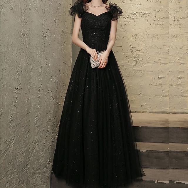 Square Beaded A-Line Gown Neck Evening Mesh Sleeveless Plain