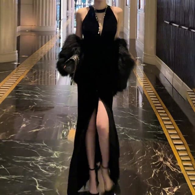 Slit Sleeveless Plain Evening Gown