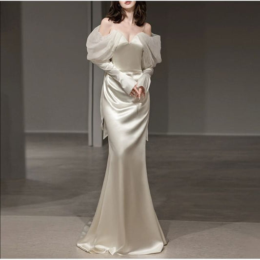 Mermaid Sheath Long-Sleeve Shoulder Plain Wedding Gown Cold