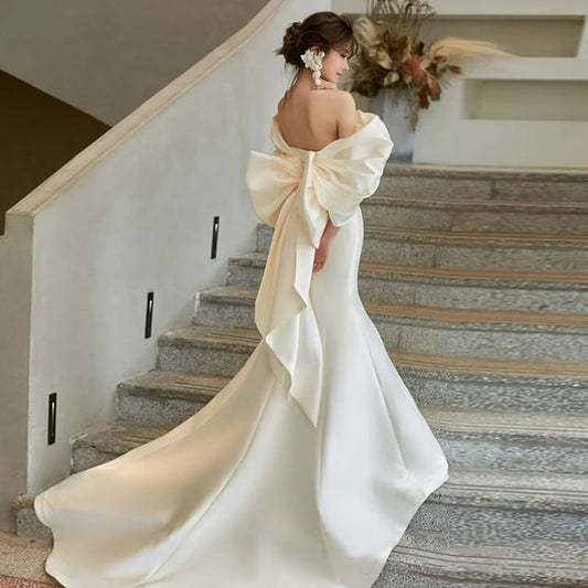 Off Gown Shoulder Wedding Bow Mermaid
