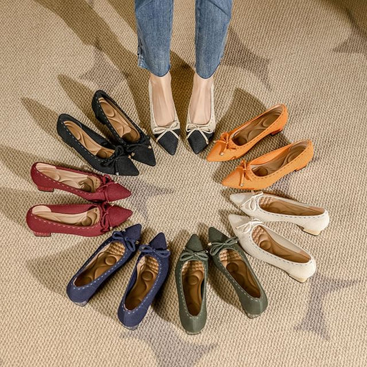 Block Heel Fabric Bow Pointed Pumps