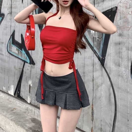 Pleated Crop Drawstring Mid A-Line Top / Mini Halter Plain Waist Skirt