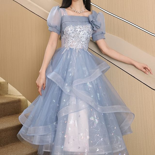 Cocktail / Butterfly Sleeve Gown Evening Floral Neck Puff Dress Embroidered Square Print A-Line Mesh