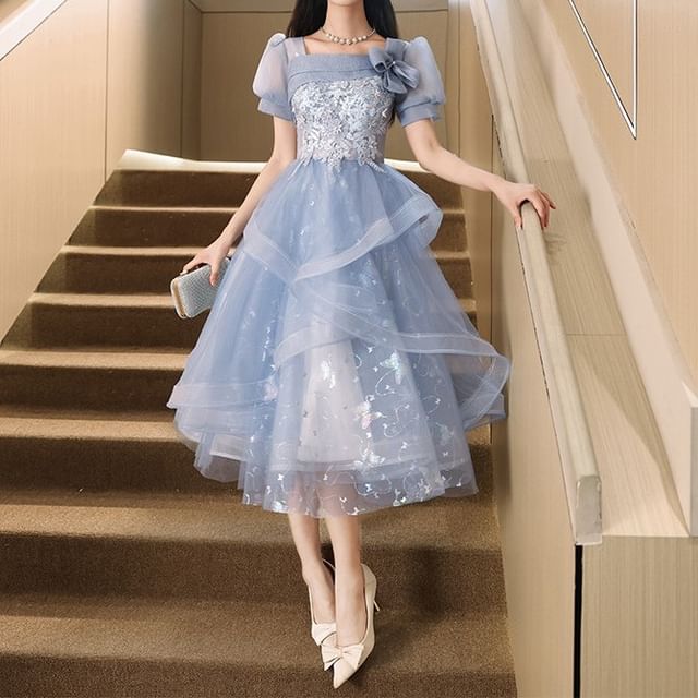 Cocktail / Butterfly Sleeve Gown Evening Floral Neck Puff Dress Embroidered Square Print A-Line Mesh