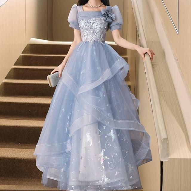 Cocktail / Butterfly Sleeve Gown Evening Floral Neck Puff Dress Embroidered Square Print A-Line Mesh