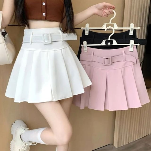 Pleated Mini Skirt Waist High Set A-line Plain Belt / Undershorts