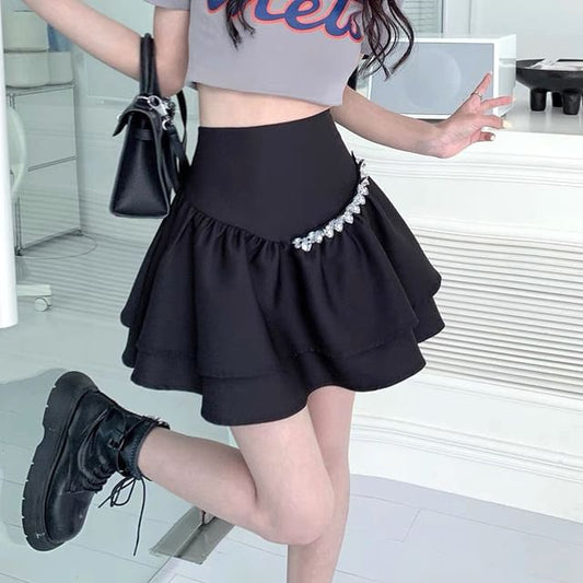 High Rhinestone Plain Rise A-Line Mini Skirt