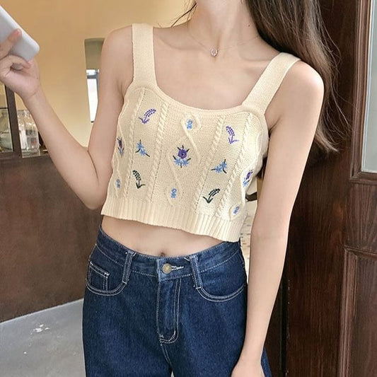 Cropped Knit Flower Top Camisole Embroidered