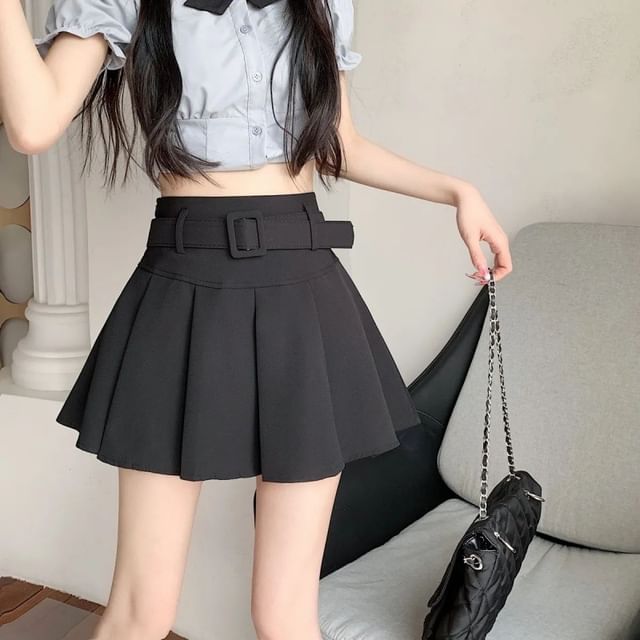 Pleated Mini Skirt Waist High Set A-line Plain Belt / Undershorts