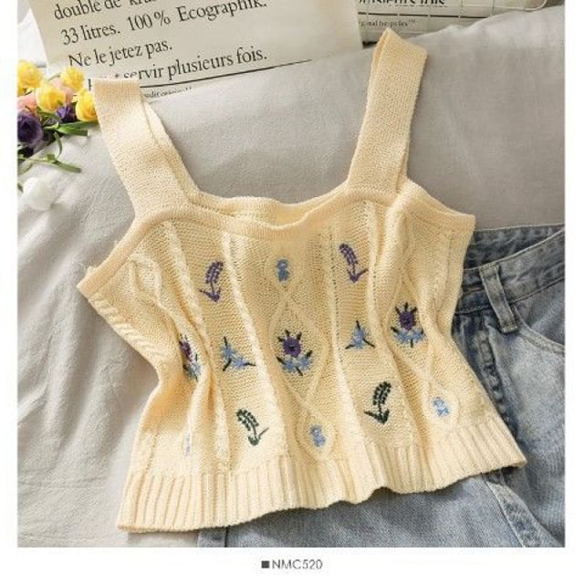 Cropped Knit Flower Top Camisole Embroidered
