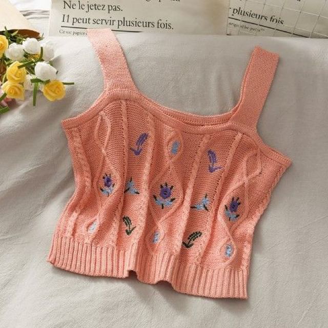 Cropped Knit Flower Top Camisole Embroidered