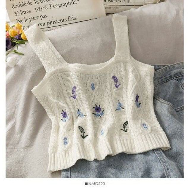 Cropped Knit Flower Top Camisole Embroidered