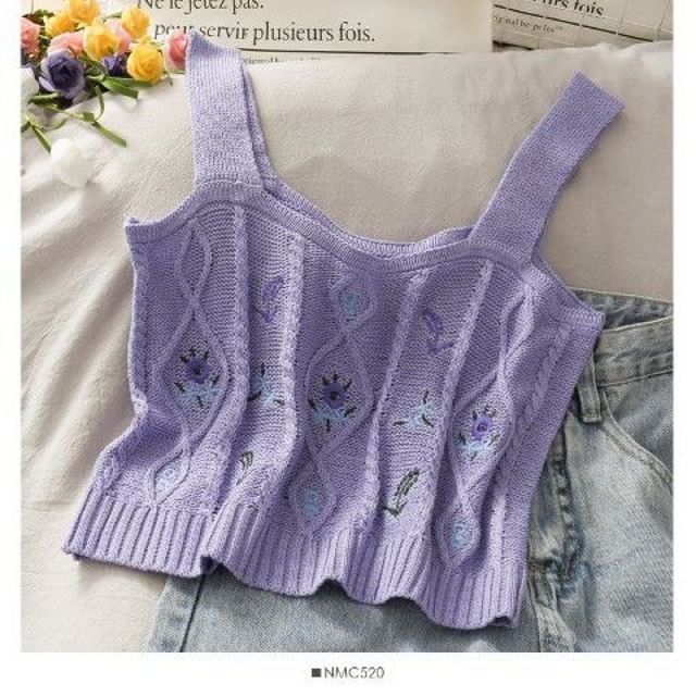 Cropped Knit Flower Top Camisole Embroidered