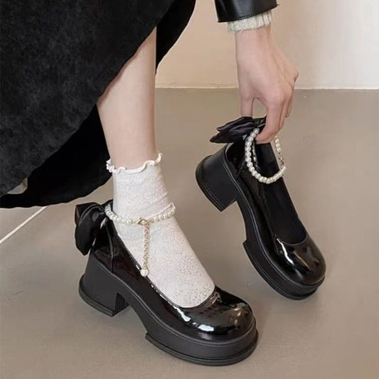 Plain Jane Heel Block Mary Bow Pumps