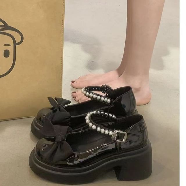 Bow Jane Heel Block Platform Mary Shoes