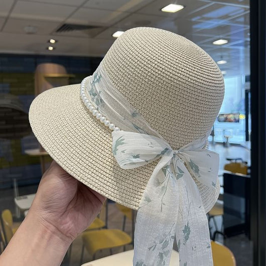Bow Pearl Faux Bucket Straw Hat