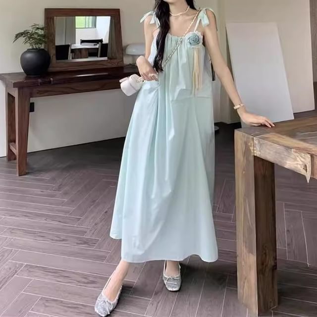 Detail Plain Flower Spaghetti Maxi Strap Sundress