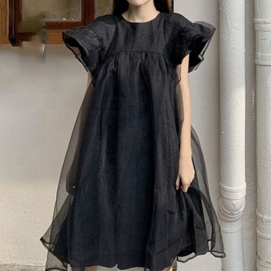 Dress Smock Mesh Panel Plain Short-Sleeve