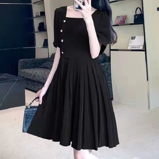 Square Plain Neck A-Line Puff-Sleeve Dress