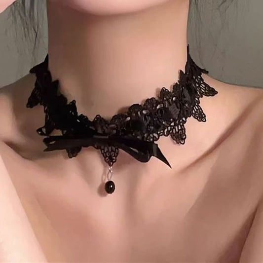 Lace Bead Bow Choker Pendant