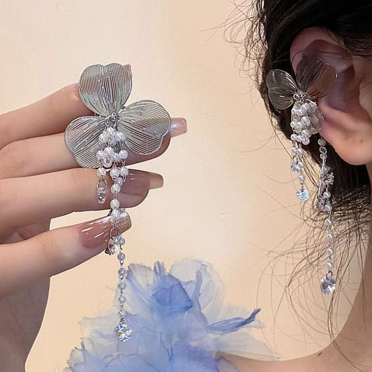 Faux Ear Floral Rhinestone Pearl Cuff Fringed