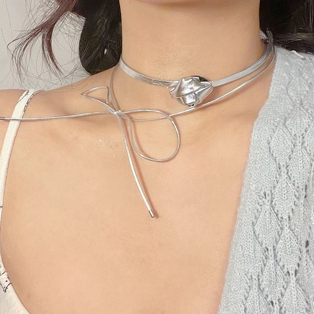 Leather Choker Faux Floral Layered Bow