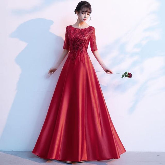 Sequin Short-Sleeve A-Line Evening Gown