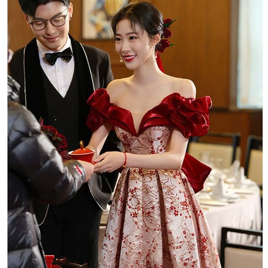 Shoulder Evening Floral Gown A-Line Dress Off /