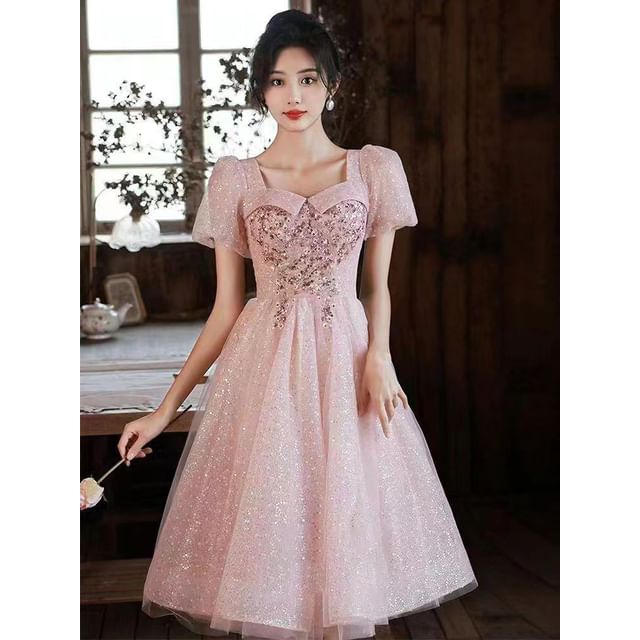 Gown Evening Short-Sleeve / Glitter Dress Mesh A-Line