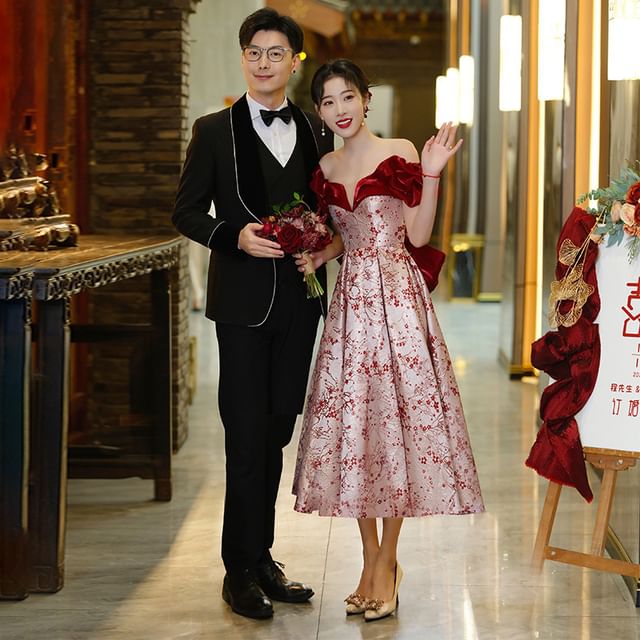 Shoulder Evening Floral Gown A-Line Dress Off /