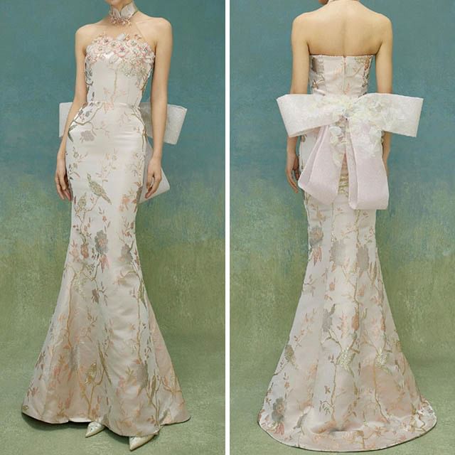 Gown Bow Mermaid Floral Evening Back Halter