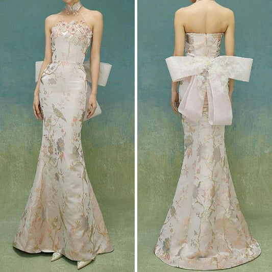 Gown Bow Mermaid Floral Evening Back Halter