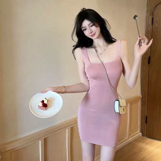 Dress Plain Mini Knit Sleeveless Sheath Neck Square