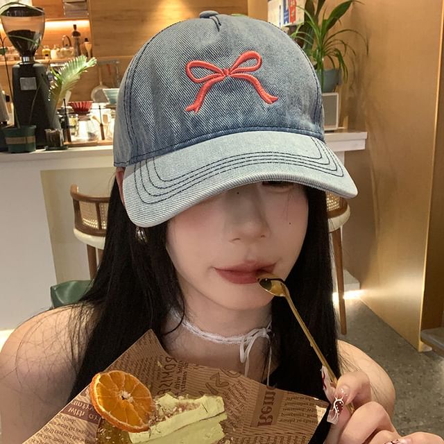 Washed Embroidered Bow Denim Cap Baseball