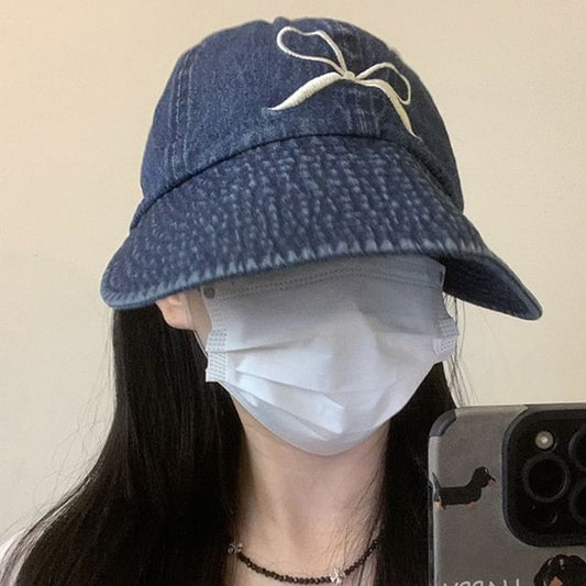 Cap Embroidered Bow Wide Brim Denim Washed