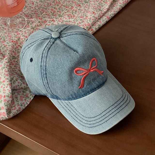 Washed Embroidered Bow Denim Cap Baseball