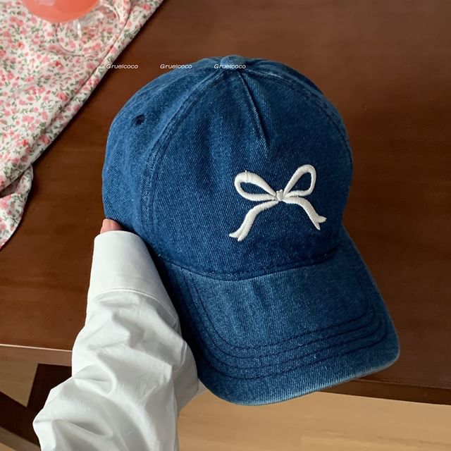 Washed Embroidered Bow Denim Cap Baseball