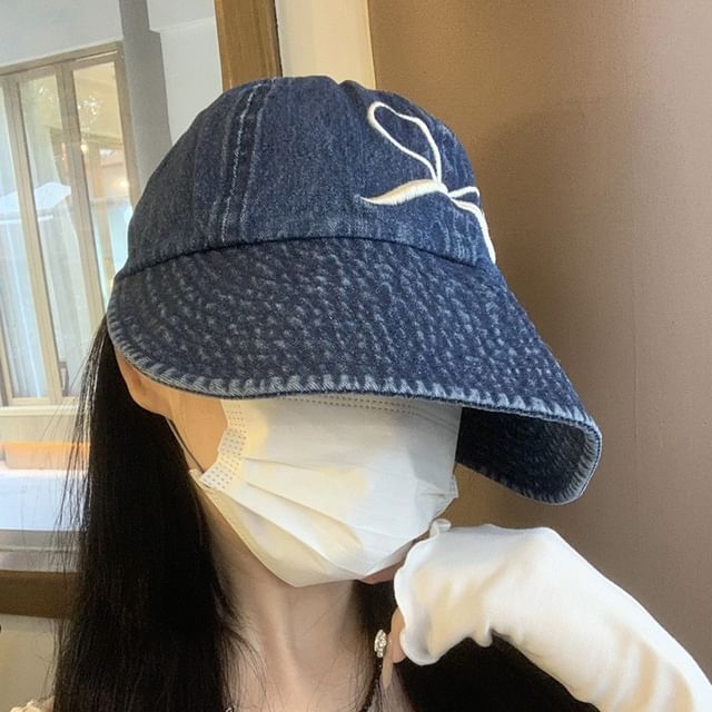 Cap Embroidered Bow Wide Brim Denim Washed