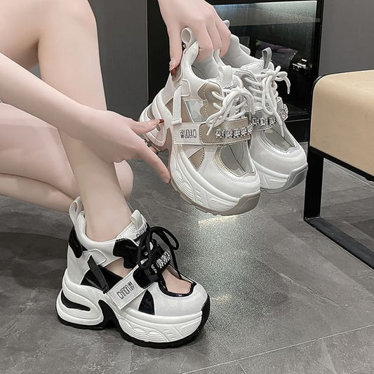 Platform Wedge Rhinestone Hidden Sneakers Cutout Panel
