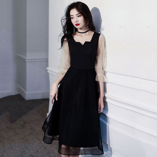 / Gown A-Line Pearl Square-Neck Cocktail Puff-Sleeve Mesh Paneled Evening Faux Dress