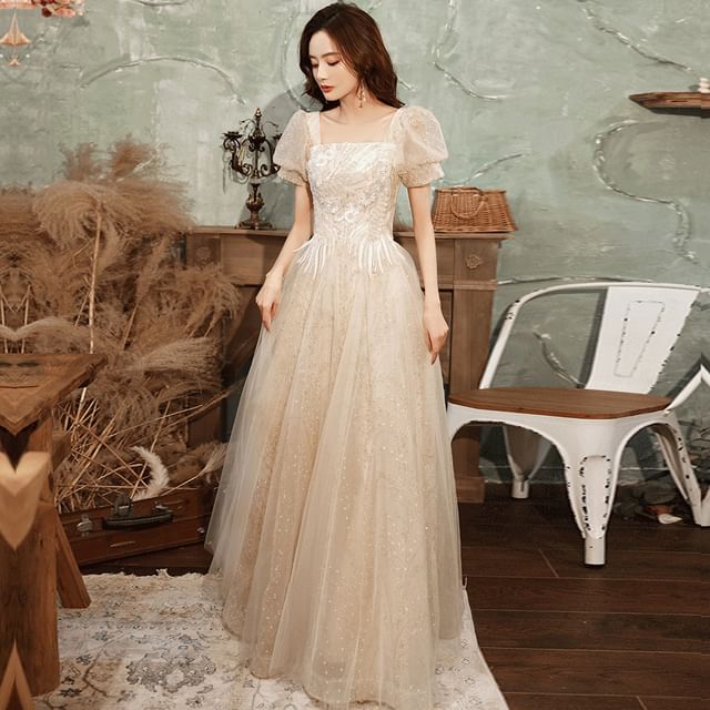 Floral Gown Puff-Sleeve Sequined Square-Neck A-Line Evening Designs) (Various